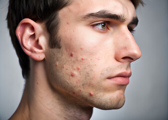 Fototapeta premium Man face with acne skin, Side view.png