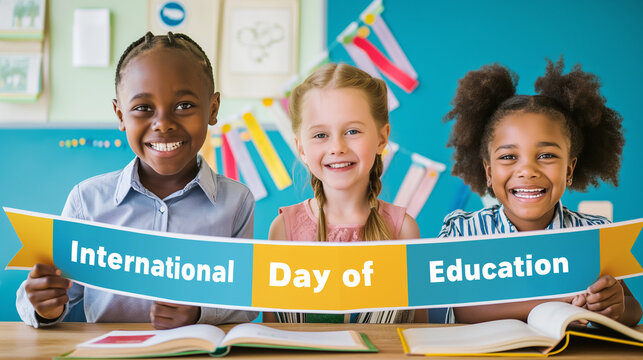 Diverse children reading books together, cartoon style. International Day of Education.