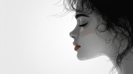 Fototapeta premium Profile portrait of a young woman with curly hair, radiating calmness and beauty against a minimalistic background.