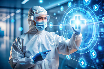 Medical professional in protective suit touching digital health icons interface