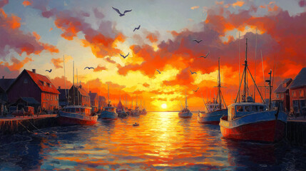 A watercolor painting of a tranquil harbor scene at sunset, with colorful boats and charming buildings lining the water's edge.