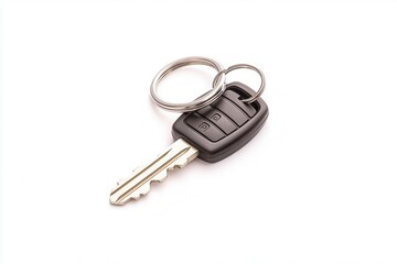 Car key with remote and keyring isolated on white background.
