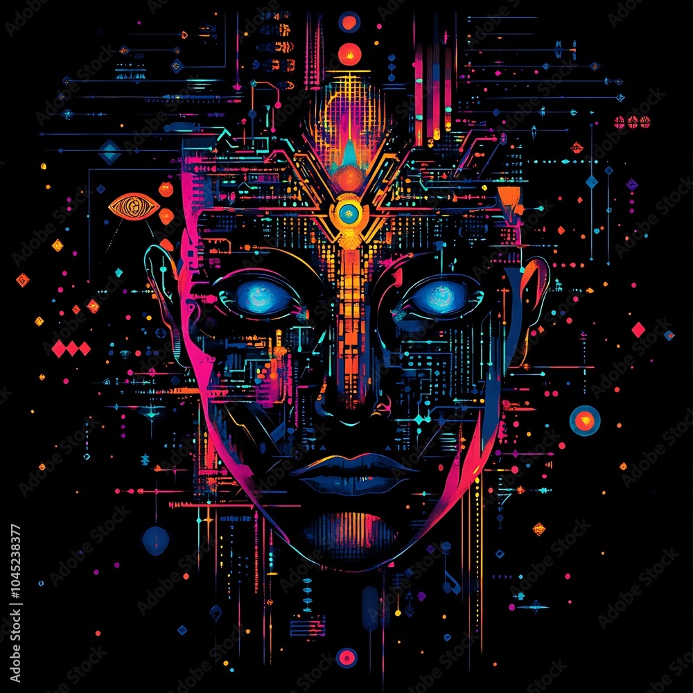 Poster abstract digital portrait with glowing eyes and a circuit board design.