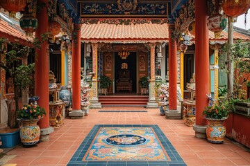 Traditional vietnamese temple with red columns and colorful decorations