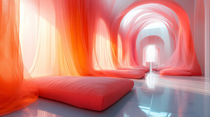 The modern interior features soft, translucent fabrics covering minimalist furniture, creating a delicate spider web-like structure.