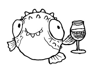 Prickly Fish with a glass of wine alcohol toast logo character tattoo print stamp