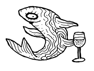 Fish Shark tuna herring with a glass of wine alcohol toast logo character tattoo print stamp