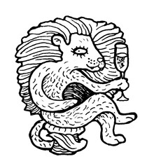 Naklejka premium Lion cat leopard Leo with a glass of wine alcohol toast logo character tattoo print stamp