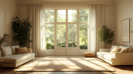 Fototapeta premium Design for a cream-colored apartment living room with smooth arc doors, comfortable furniture, and simple lighting.