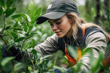 Young woman gardener taking care of plants in garden center