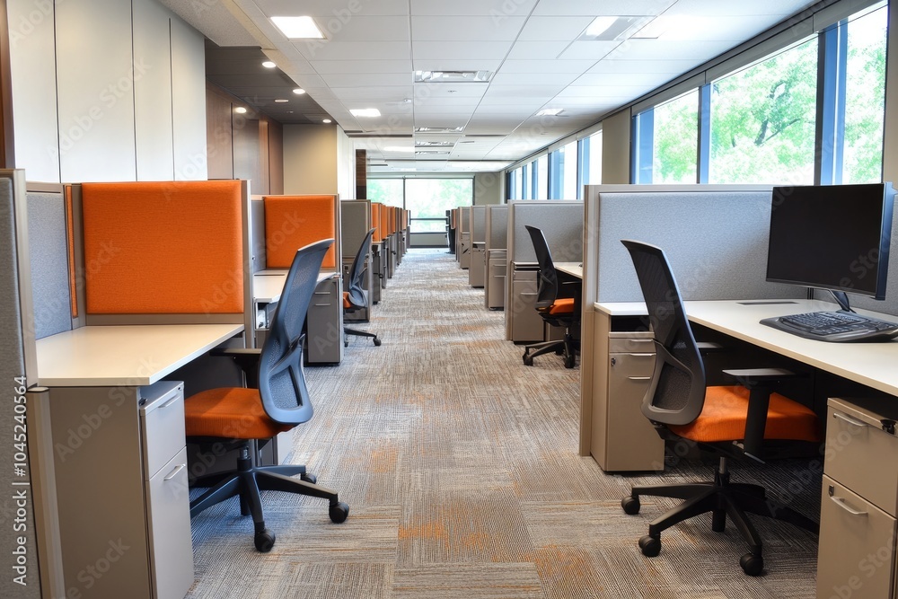 Aufkleber Modern open plan office space with rows of empty desks