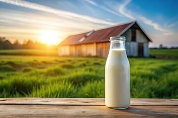 Forced perspective mockup milk bottle on farm background glass bottle for advertising