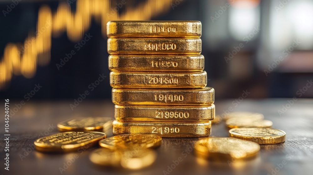 Poster Gold bars stacked high representing increasing wealth with stock market graph showing growth in background