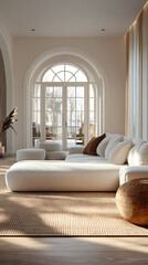 Design for a cream-colored apartment living room with smooth arc doors, comfortable furniture, and simple lighting.