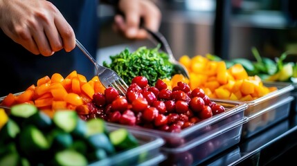Obraz premium Fresh fruits and vegetables served in an organized display, vibrant and healthy choices.