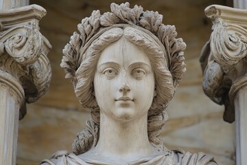 Obraz premium Ancient stone statue of a woman wearing a laurel wreath