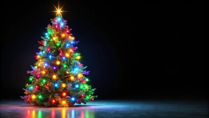Fototapeta premium Forced perspective of a Christmas tree with colorful lights against a black background