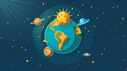 Fototapeta premium Colorful cartoon illustration of Earth with orbiting planets. Earth's Rotation Day.