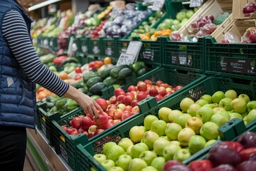 Obraz premium Person selects apple from crate in vibrant grocery store produce section