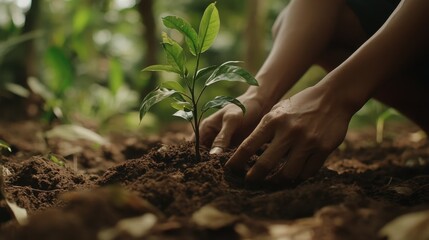 Fototapeta premium Close-up of hands planting a young tree in forest soil, symbolizing forest restoration and reforestation efforts.