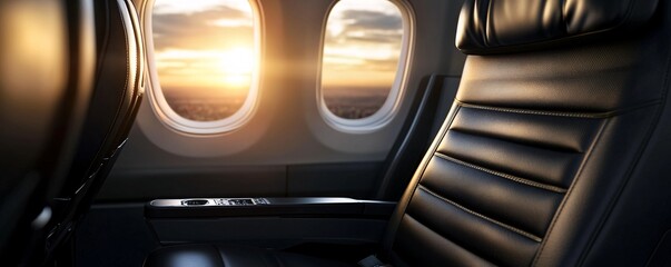 Sunrise view from an airplane window highlighting empty leather seats during early morning flight