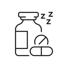 Sleep Medication Bottle And Pills Line Icon. Nighttime Medicine With ZZZ Outline Symbol. Nighttime Remedy . Editable Stroke. Isolated Vector Illustration