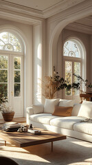 Design for a cream-colored apartment living room with smooth arc doors, comfortable furniture, and simple lighting.