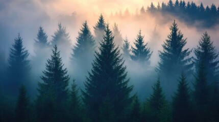 Fototapeta premium Aerial view of evergreen pine forest covered in fog at sunrise