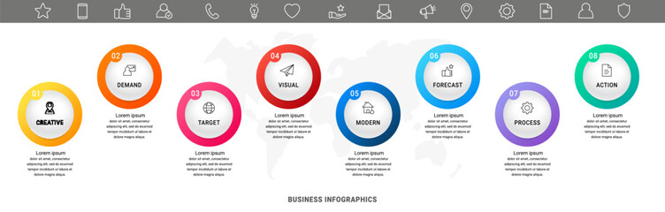 Circle vector infographic template with 8 steps and options for annual reports, presentations, advertising, chart. Modern business illustration.