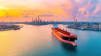 Panoramic View of Coastal Refinery at Sunset