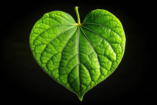 Forced perspective of green heart shaped leaf against black background