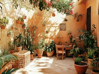 Fototapeta premium A patio with a table and chairs, and a variety of potted plants. The plants are in different sizes and are placed in various locations around the patio