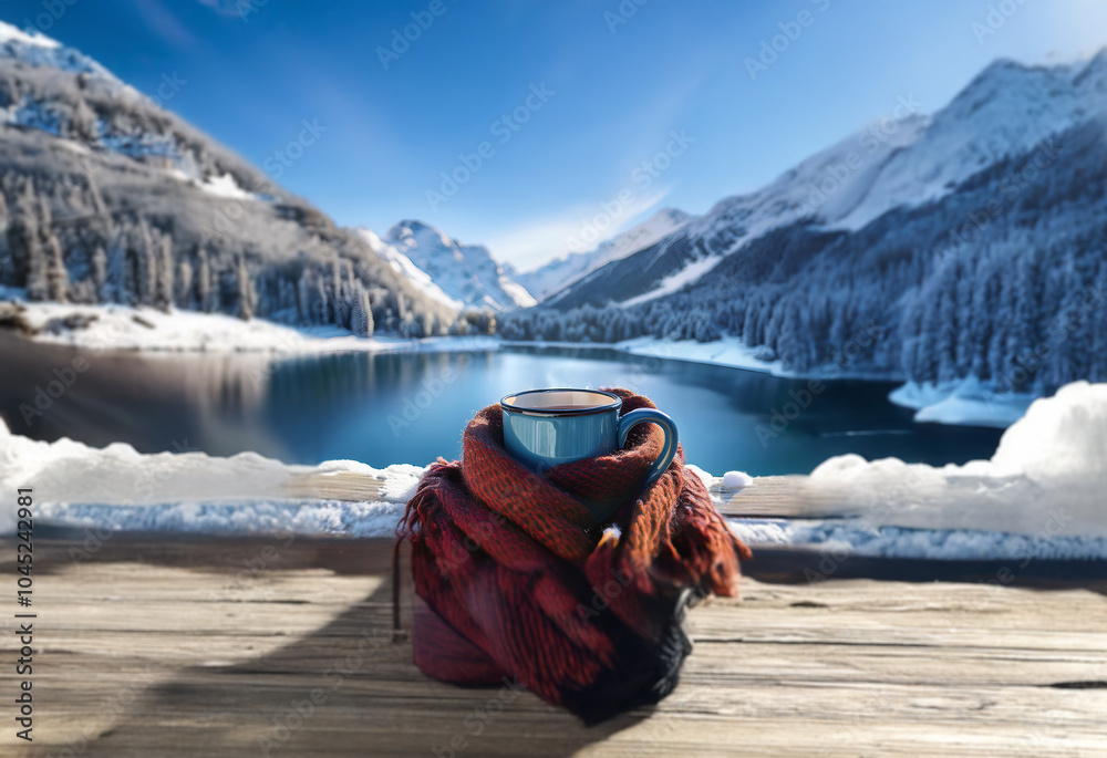 Poster A cozy mug sits on a wooden table overlooking a frozen lake with snow-capped mountains in the background.