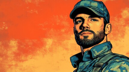 Confident male soldier with a beard and camo uniform, set against a vibrant orange background.