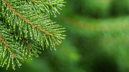Fototapeta premium Pine Tree Branch Covered in Raindrops After Rainfall