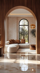 Design for a cream-colored apartment living room with smooth arc doors, comfortable furniture, and simple lighting.
