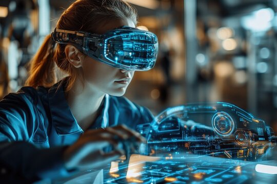 Automotive engineer is wearing a virtual reality headset and interacting with a 3d model of a car