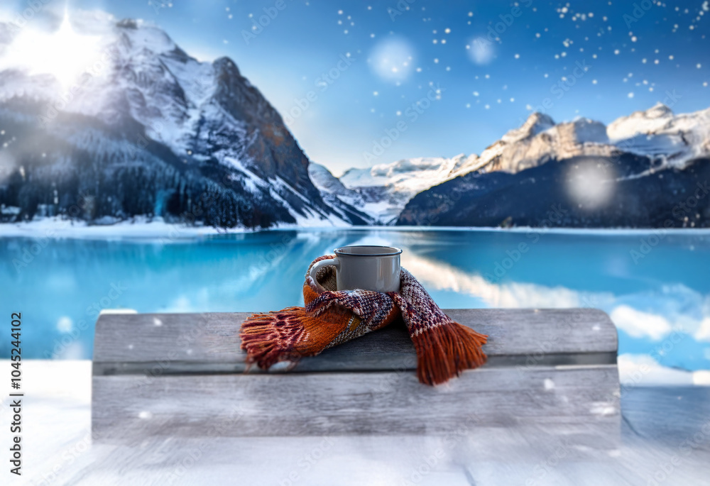 Poster A warm mug wrapped in a scarf sits on a snowy bench overlooking a frozen lake and snow-capped mountains.