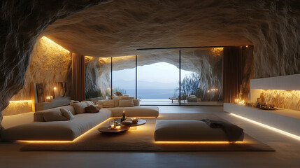 Luxurious cave living room with comfortable sofa, ambient neon orange lighting, and stunning mountain views, featuring modern decor and natural stone elements