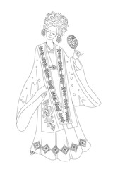 colouring book page for adults and children. graceful chinese young woman with elegant hairstyle holding a fan