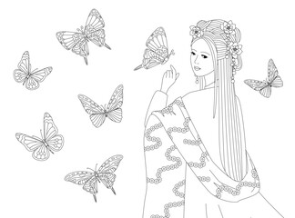 colouring book page for adults and children. nice girl with flowers in elegant hairstyle looking over her shoulder surrounded flying butterflies