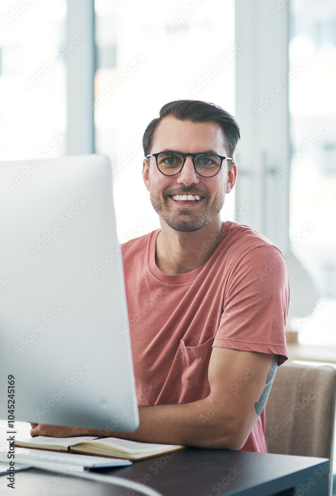 Poster computer, office and portrait of businessman for online project, web design and research. creative a