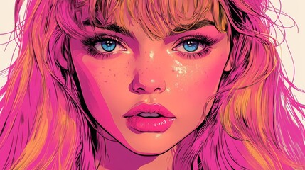 Obraz premium Portrait of a young woman with vibrant pink hair and striking blue eyes, radiating confidence and creativity.