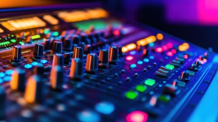 Obraz premium Detailed view of an audio mixing board in a bright, lively studio, with vivid colors reflecting off the knobs and sliders.
