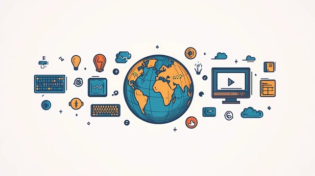 A flat illustration of a globe surrounded by computer icons like keyboards, screens, and cloud storage symbols, using minimalistic shapes and vibrant colors to represent global computer literacy.