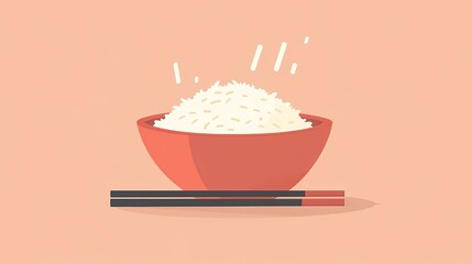 A flat illustration of a bowl filled with steaming rice, with chopsticks resting on the side, using simple lines and warm colors to celebrate the importance of rice in everyday meals