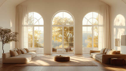 Fototapeta premium Design for a cream-colored apartment living room with smooth arc doors, comfortable furniture, and simple lighting.