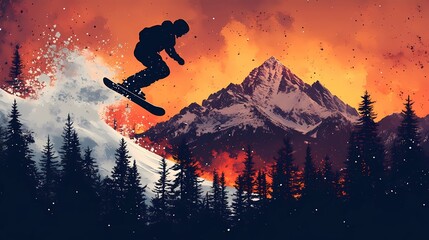 a snowboarder mid-air, performing a trick with snow-capped mountains and pine trees in the background, using bright colors and clean shapes to capture the excitement of snowboarding