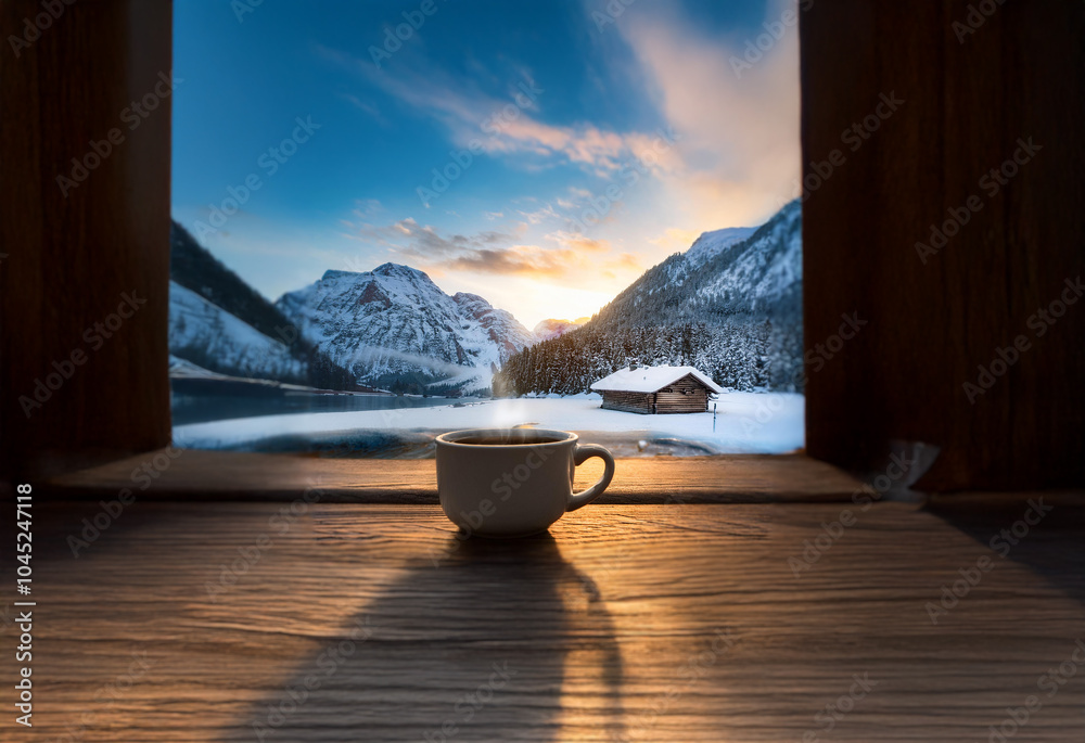Poster a cup of coffee sits on a wooden table next to a window overlooking a snowy mountain range with a ca