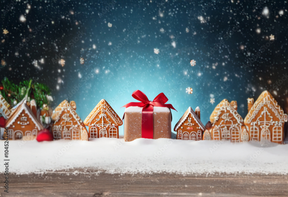 Aufkleber Gingerbread houses with a red bow gift box in front of them, standing on a snowy wooden surface with falling snow in the background.